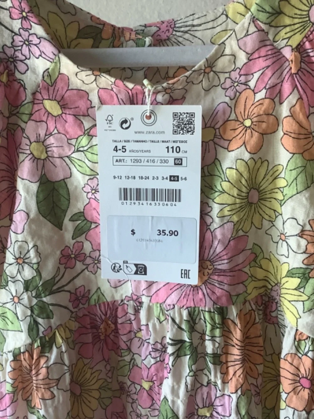 NWT Zara Girls Pink Floral Dress Puff Short Sleeve Button Closure Fit Flare 4-5